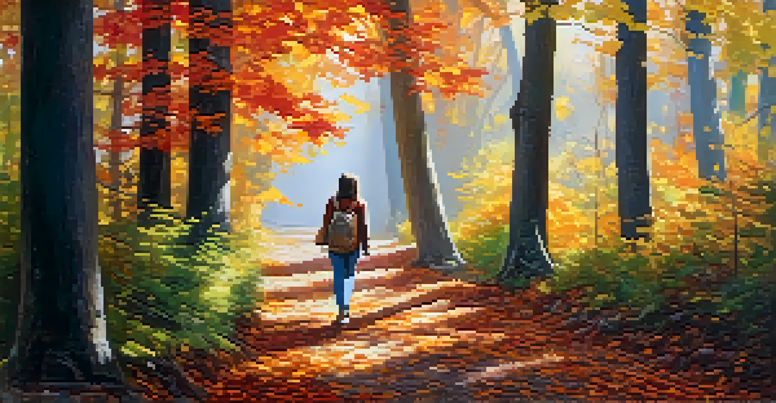 A person walking mindfully on a forest path surrounded by colorful autumn leaves.