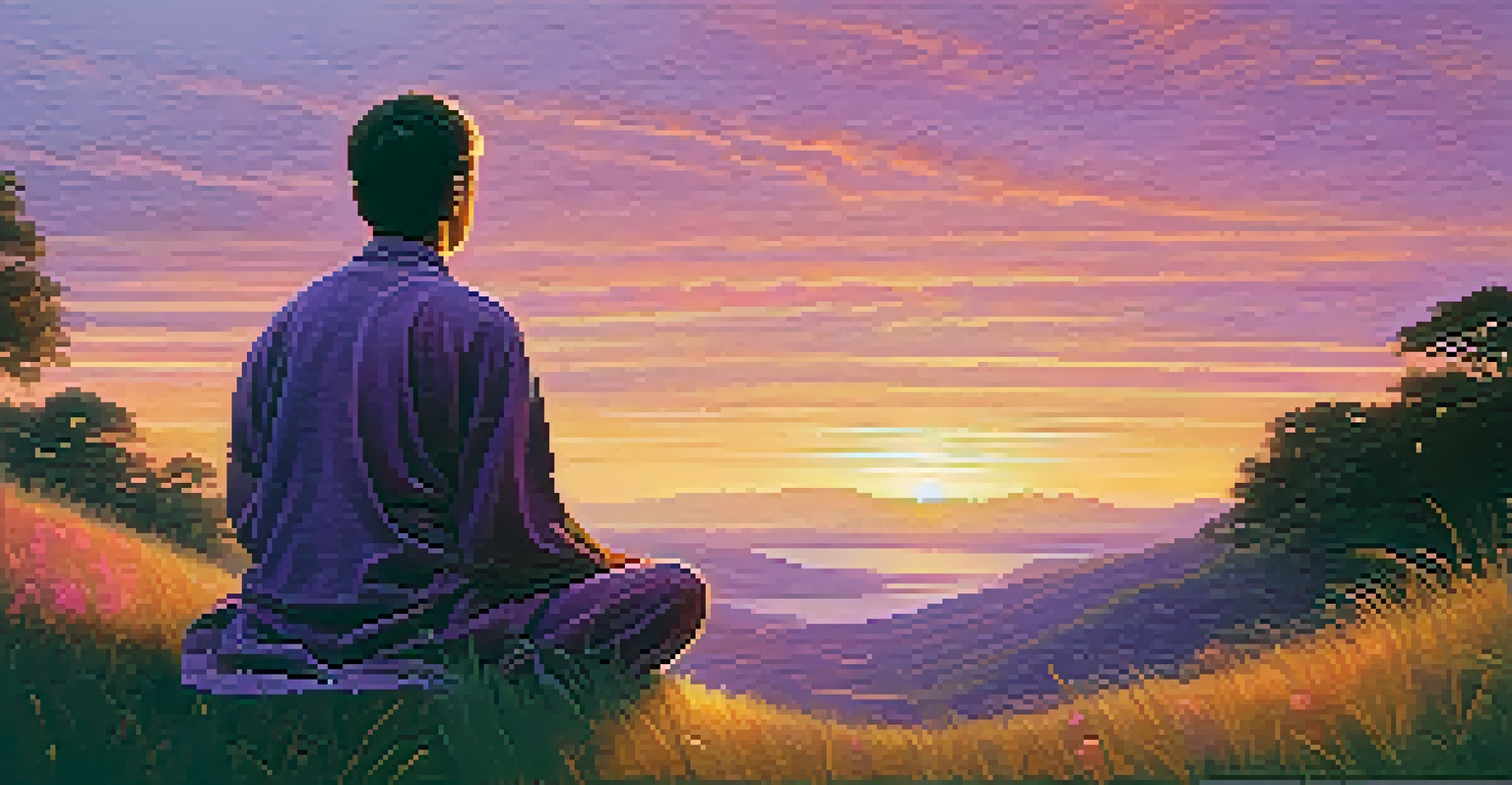 A person meditating on a grassy hilltop during sunset, surrounded by nature and a colorful sky.