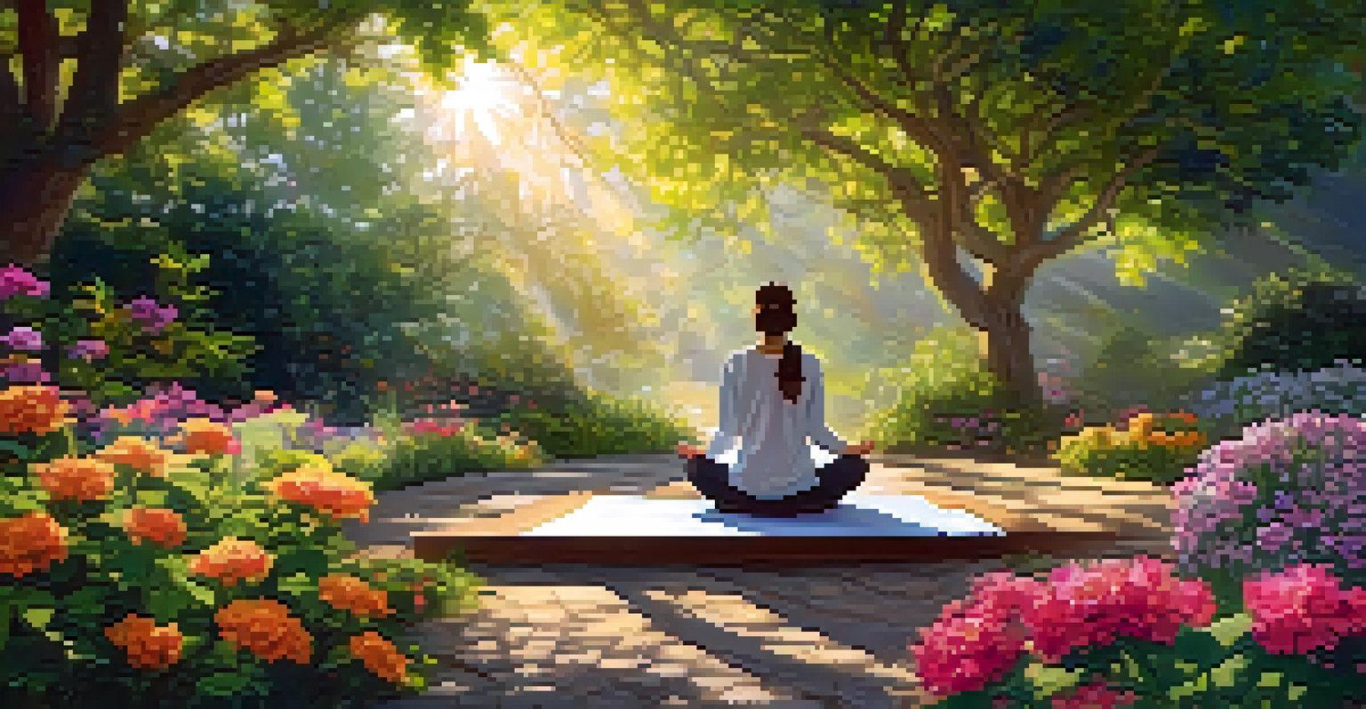 A patient practicing yoga in a serene garden filled with colorful flowers and greenery.