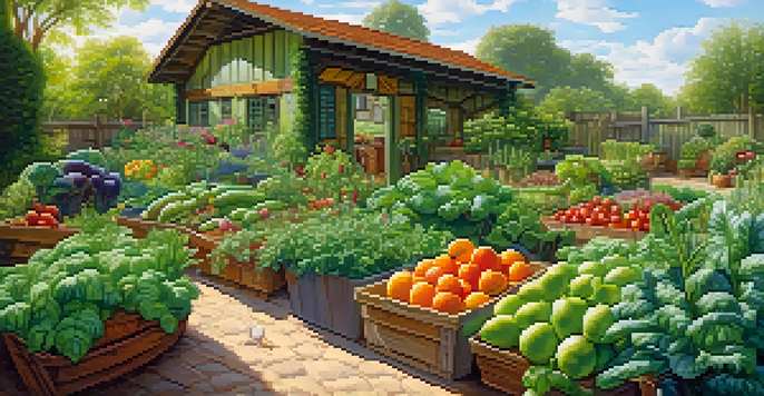 A colorful organic garden with fruits and vegetables under bright sunlight, featuring a gardener using natural pest control methods, and butterflies in the scene.