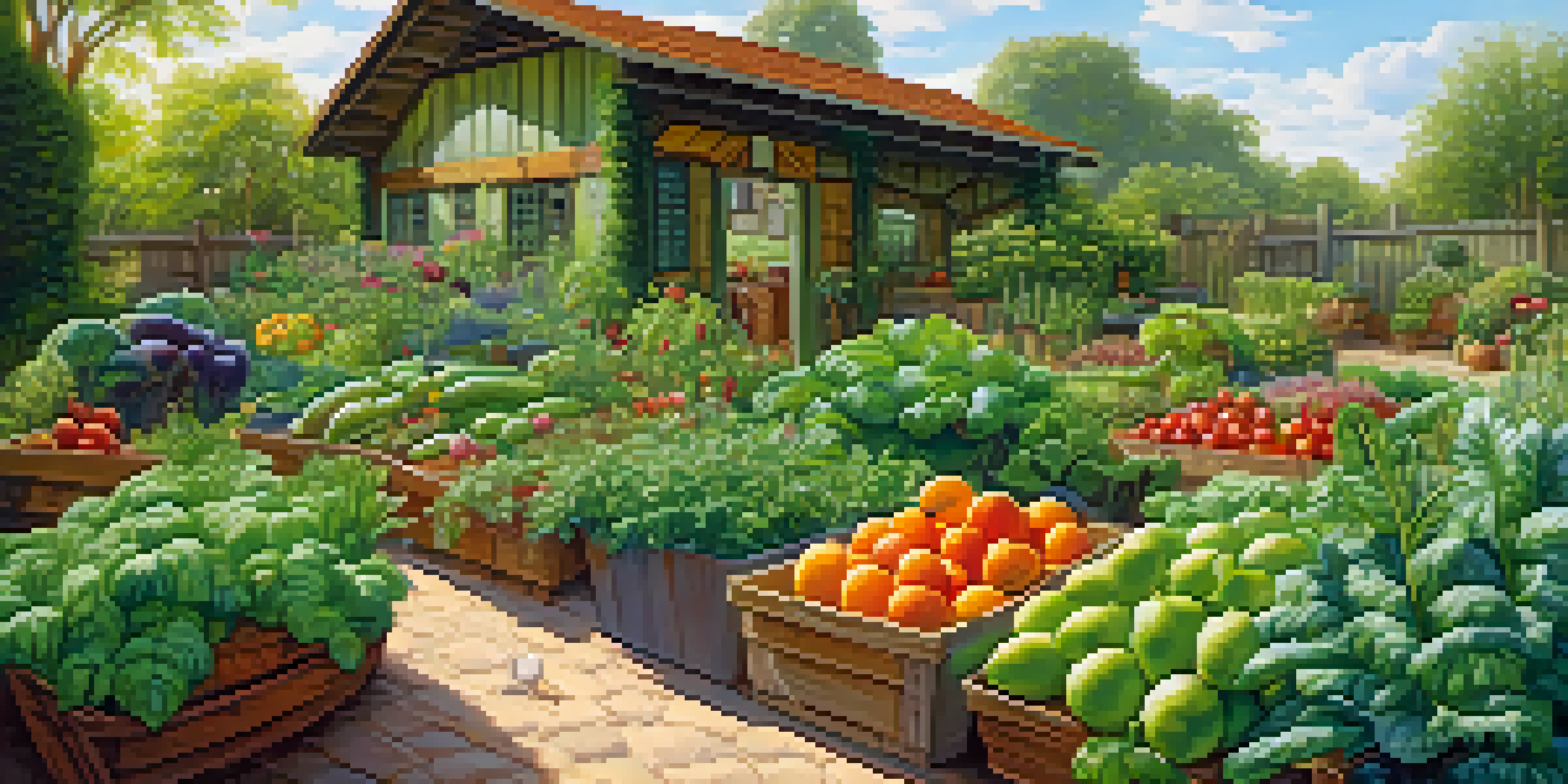 A colorful organic garden with fruits and vegetables under bright sunlight, featuring a gardener using natural pest control methods, and butterflies in the scene.