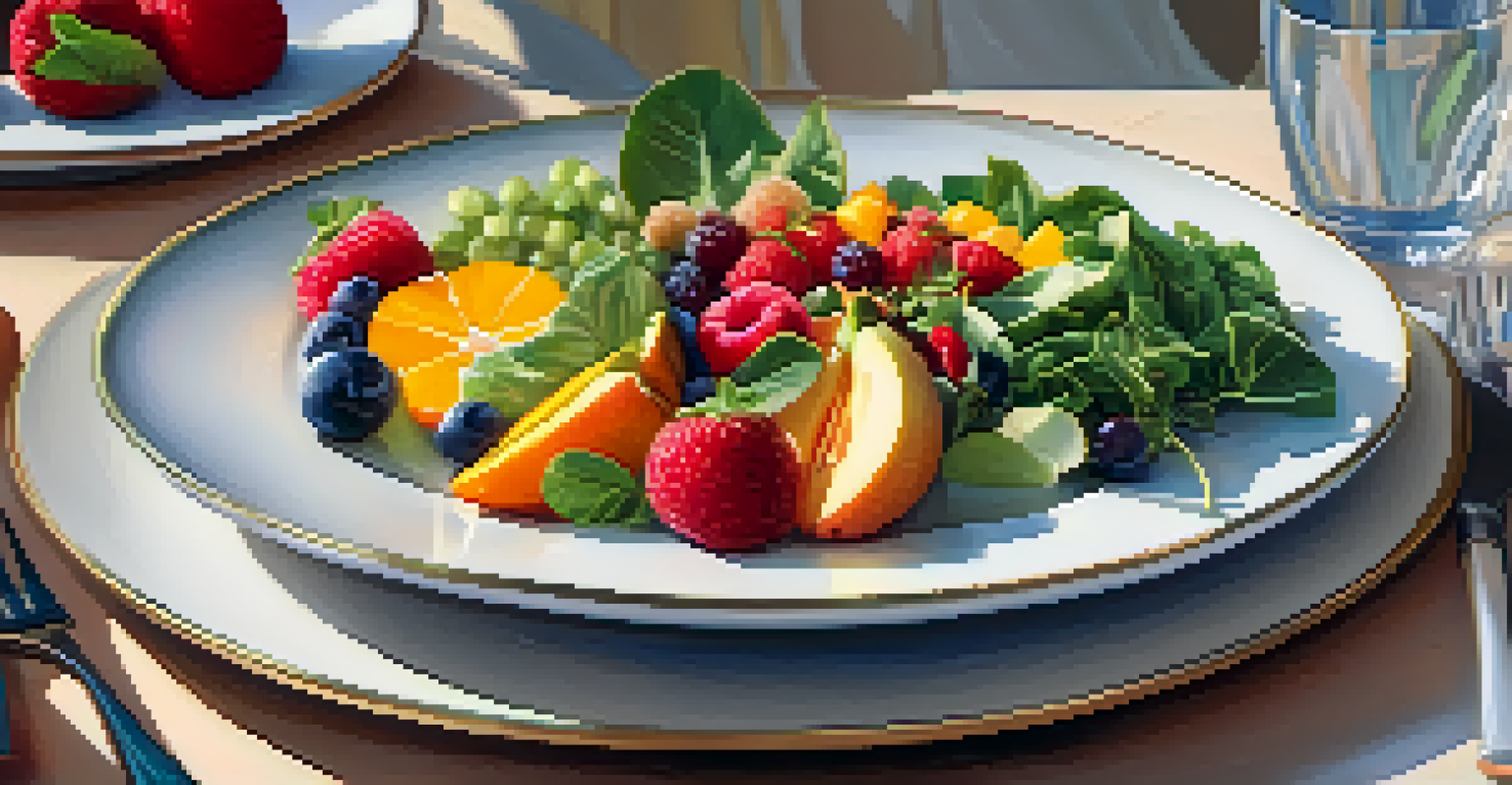 A colorful plate of healthy food arranged beautifully, emphasizing mindful eating.