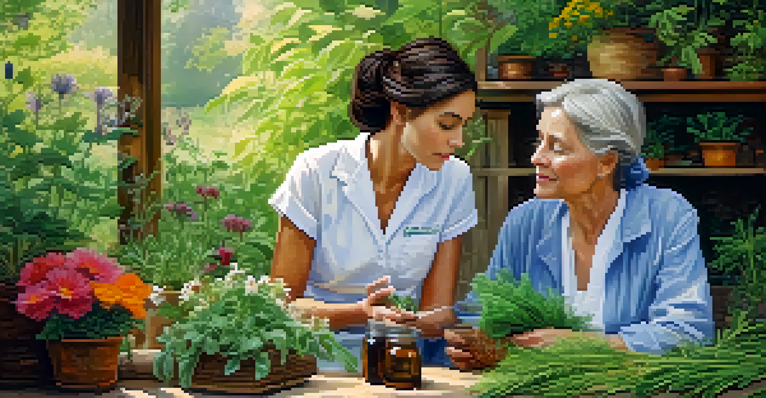 A naturopathic practitioner consulting with a patient in a garden surrounded by herbs and flowers, with sunlight filtering through the leaves.