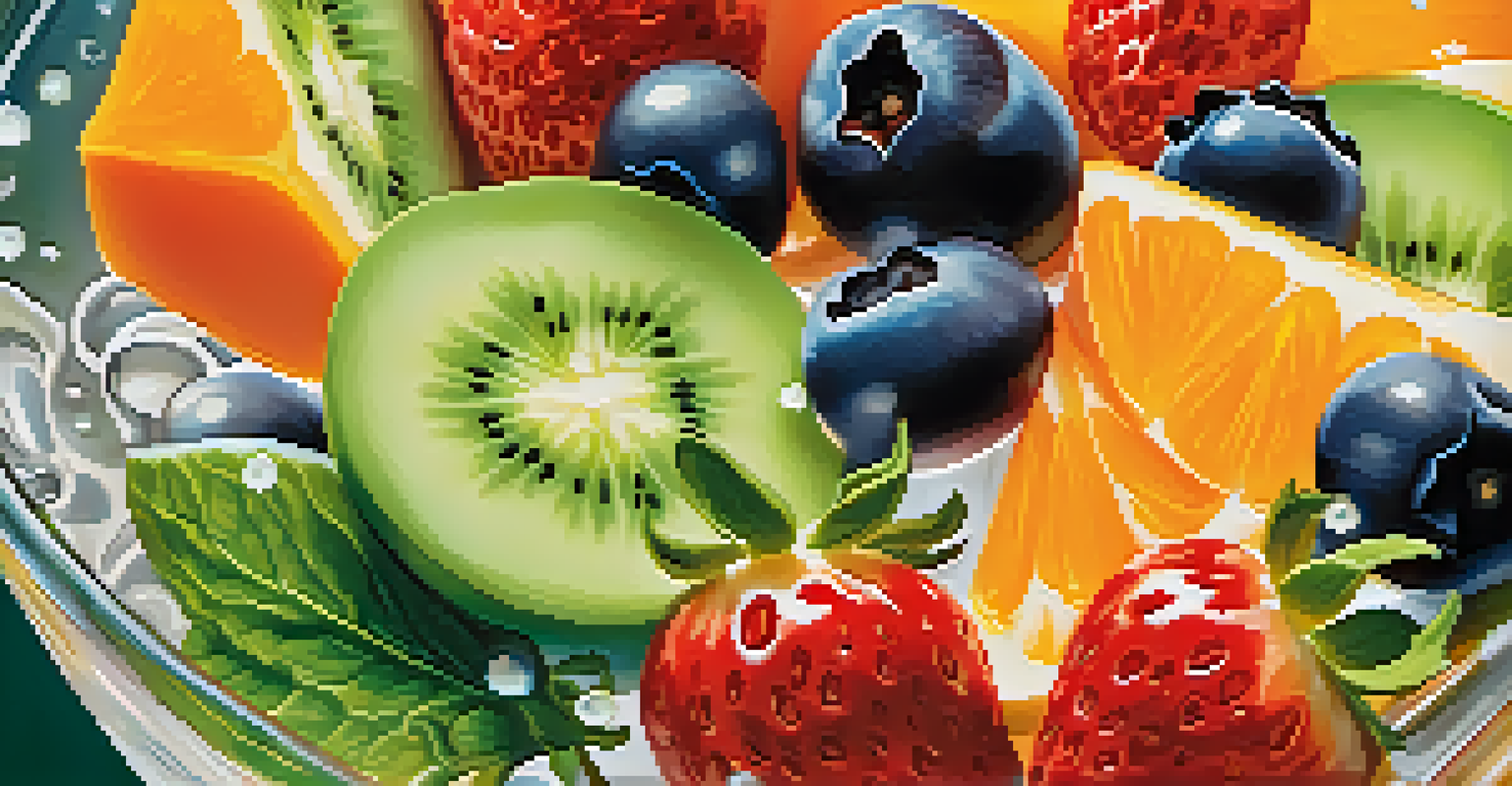 A close-up view of a colorful fruit salad in a glass bowl, featuring strawberries, oranges, and cucumbers, garnished with mint, set against a softly blurred background.