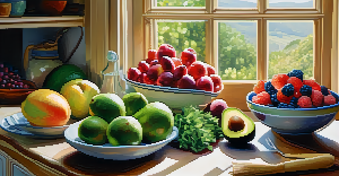 A bright kitchen with fresh fruits and vegetables on a wooden table, sunlight streaming through a window.