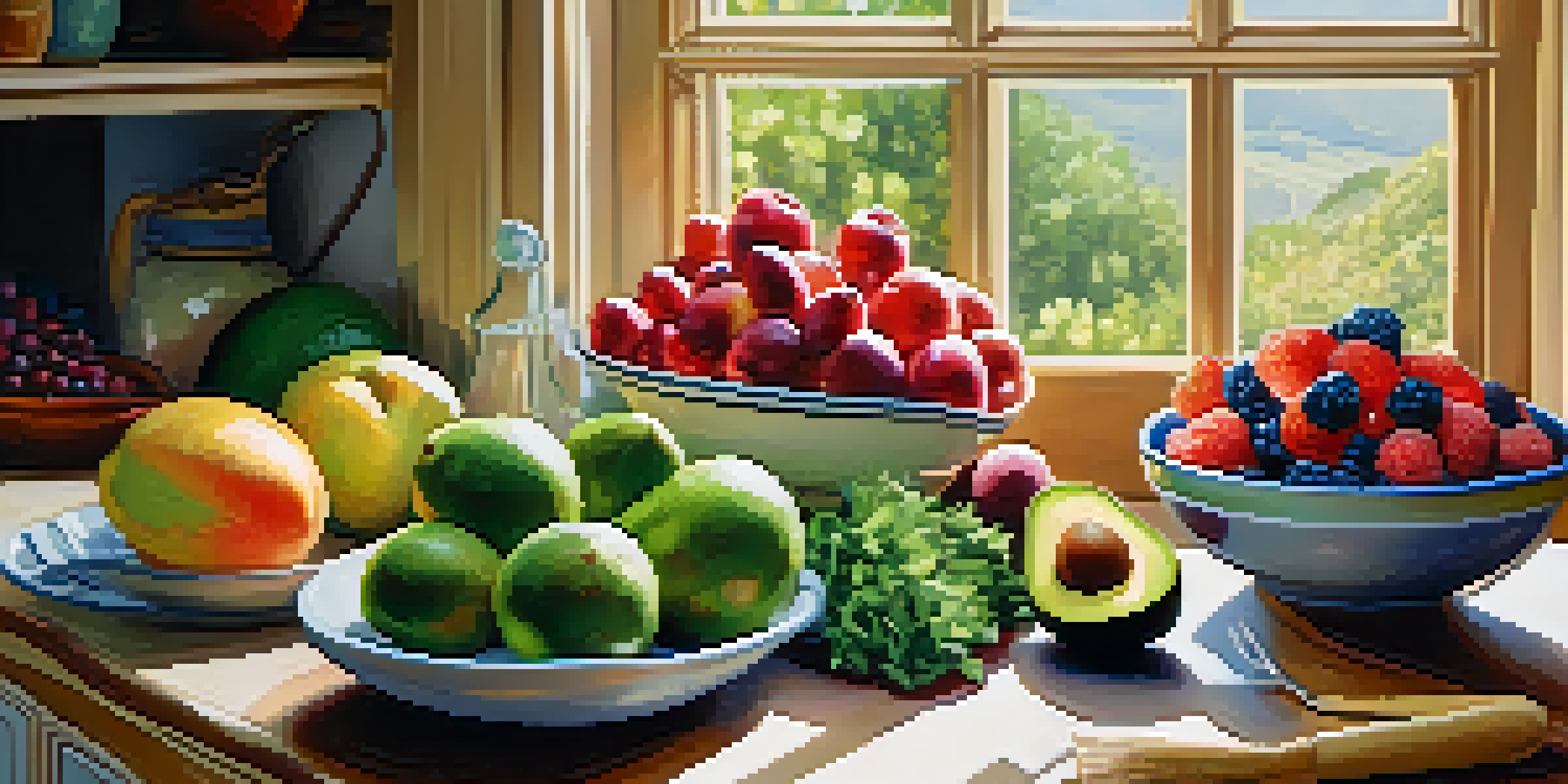 A bright kitchen with fresh fruits and vegetables on a wooden table, sunlight streaming through a window.