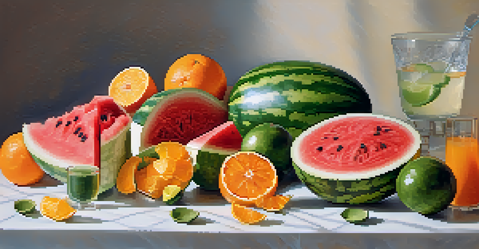 An artistic arrangement of colorful, hydrating foods like watermelon, cucumbers, and oranges against a light background, emphasizing their connection to eye health.