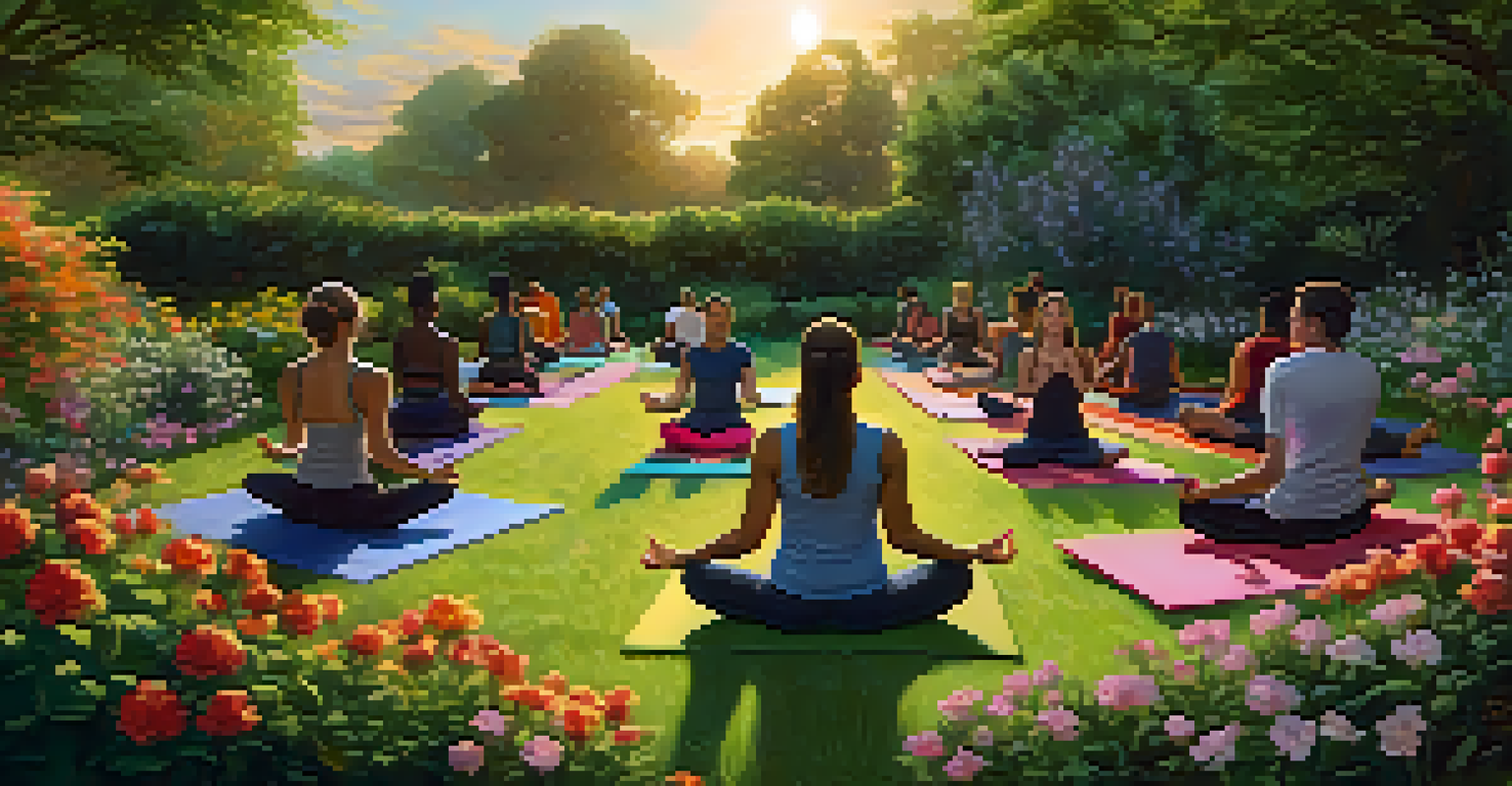 A peaceful outdoor yoga class in a garden at sunset, with participants practicing mindfulness amidst blooming flowers.