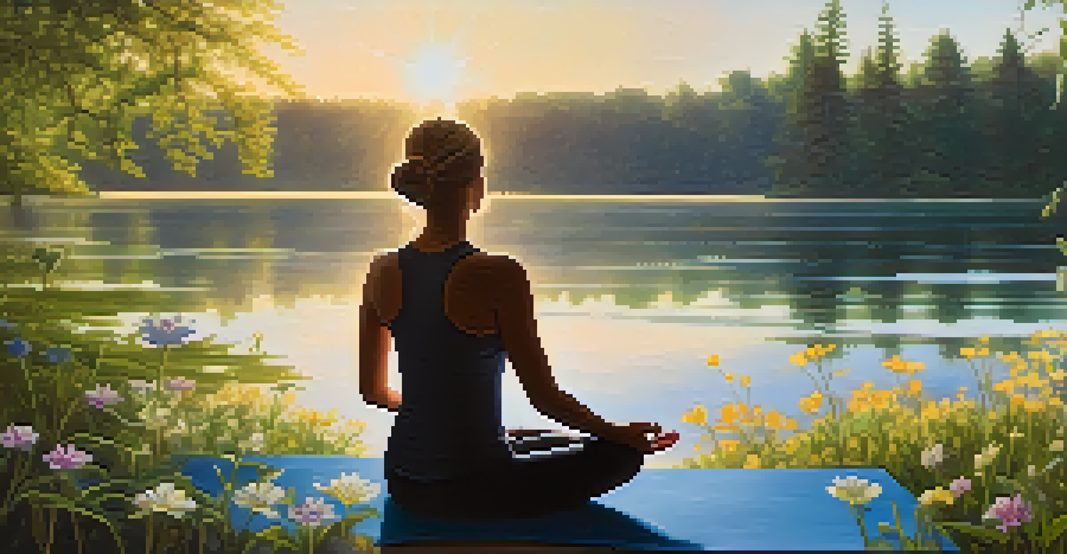 A person meditating by a peaceful lake surrounded by trees and wildflowers, reflecting a sense of calm.