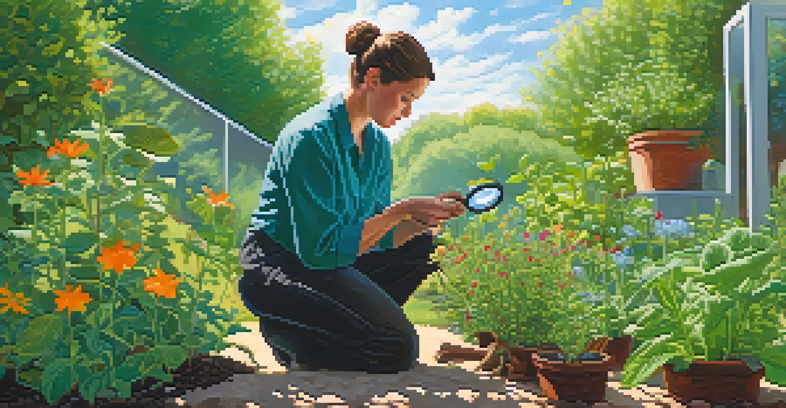 A vibrant outdoor herbal garden filled with various medicinal plants, with a researcher examining a plant closely. The scene is bright and sunny.