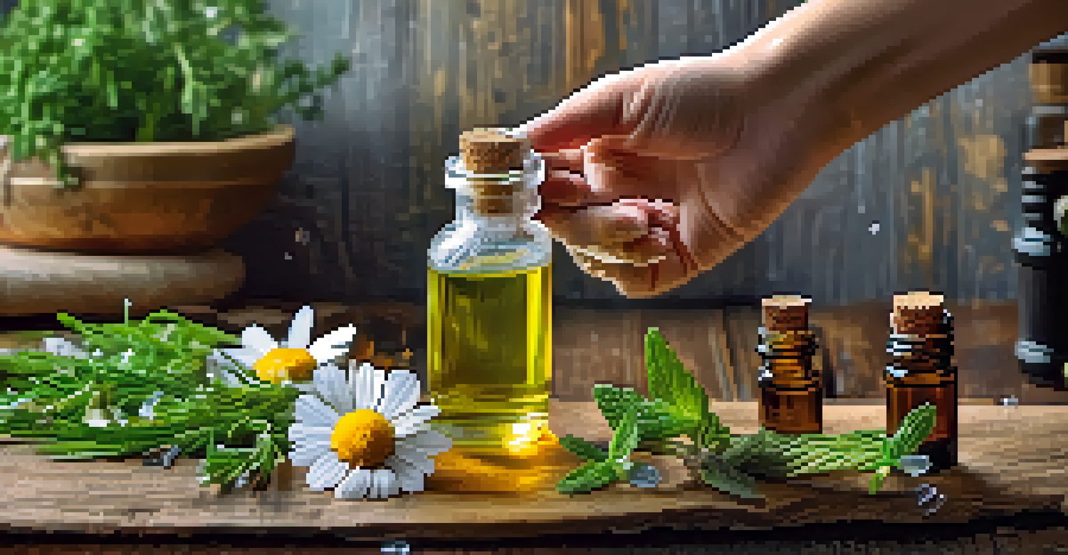 Close-up of hands blending essential oils with herbs on a rustic wooden surface.