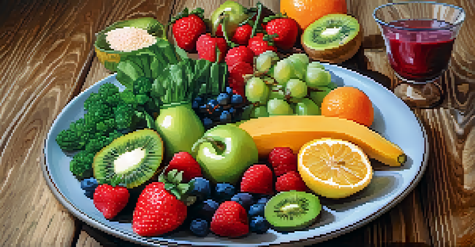 A colorful plate of healthy anti-inflammatory food, featuring fresh fruits, vegetables, and nuts, emphasizing nutrition.
