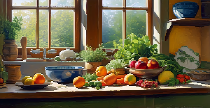 A cozy kitchen with fresh produce on a wooden table, illuminated by soft morning light.