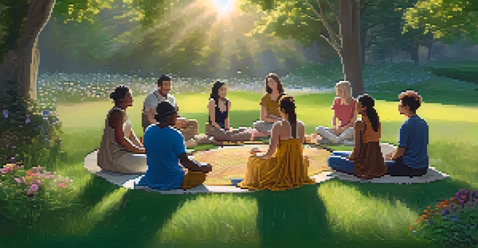 A peaceful outdoor workshop with a diverse group practicing guided visualization in a natural setting.