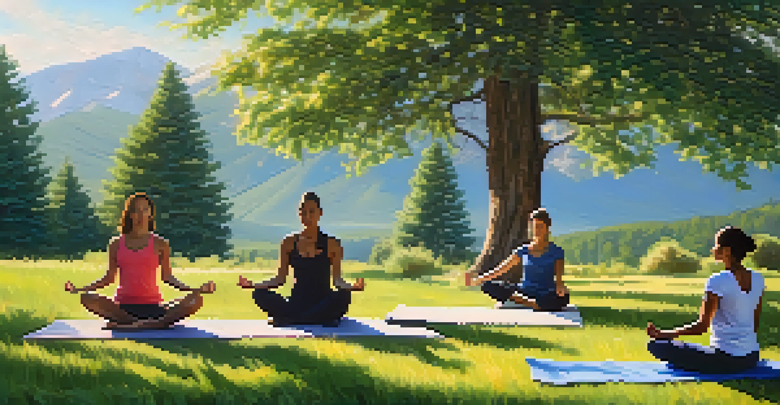 A diverse group of people practicing yoga outdoors in a tranquil setting with mountains in the background.