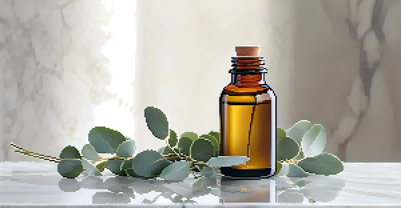 A close-up of eucalyptus essential oil in a dropper bottle surrounded by fresh eucalyptus leaves and a bowl of steaming water on a marble countertop.