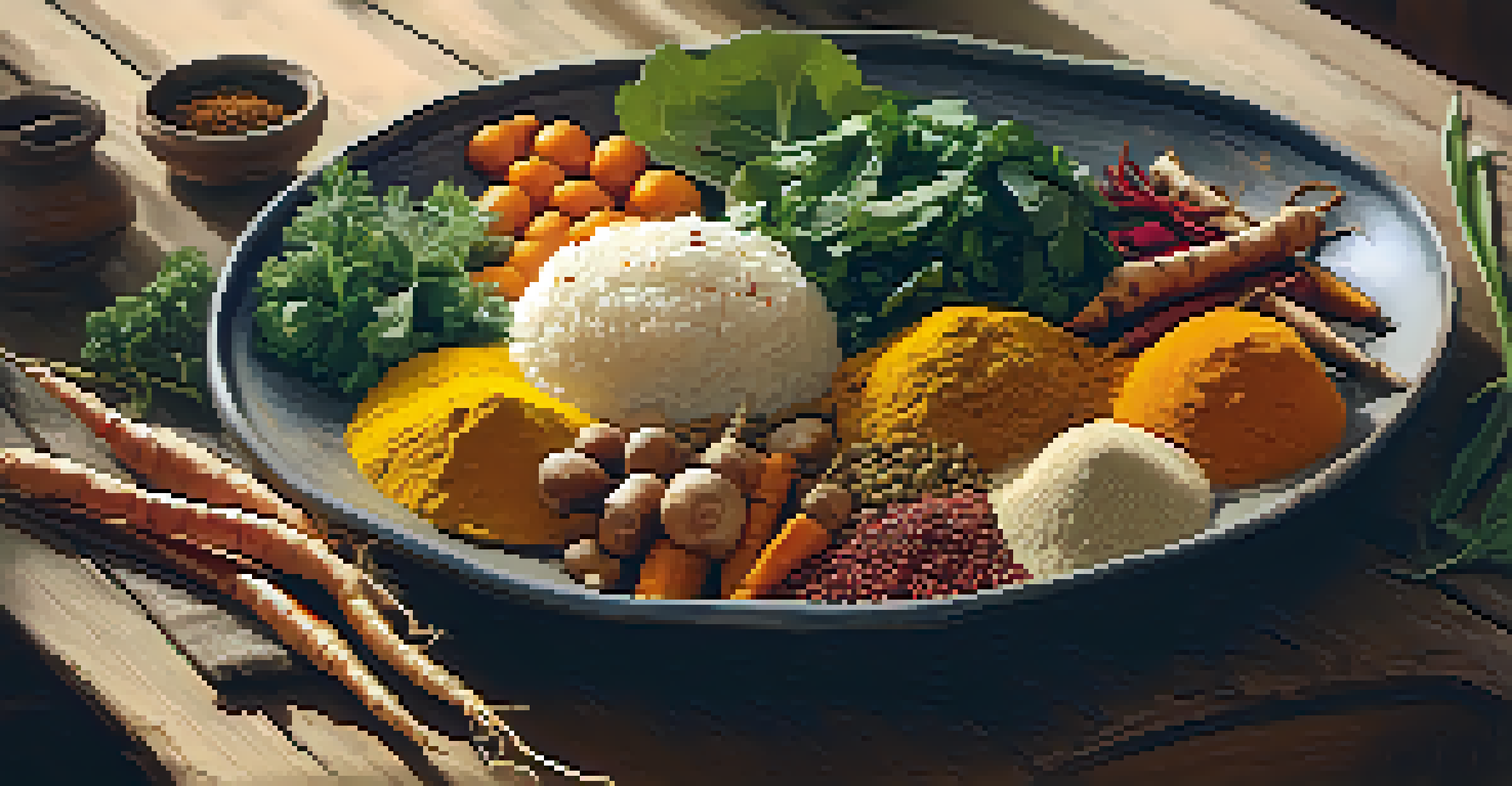 A plate of Ayurvedic-inspired food with colorful root vegetables, leafy greens, and spices on a rustic wooden table.
