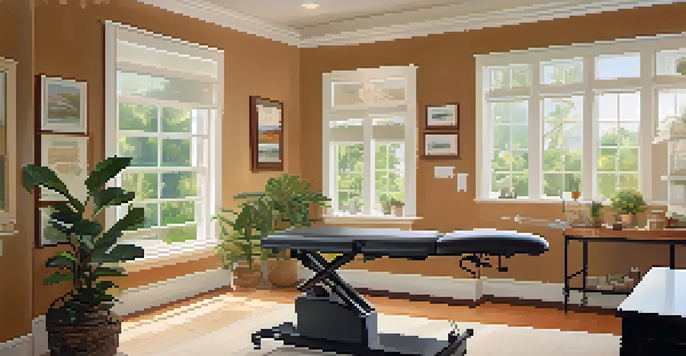 A chiropractor adjusting a patient's back in a calming clinic setting with nature-themed decor.