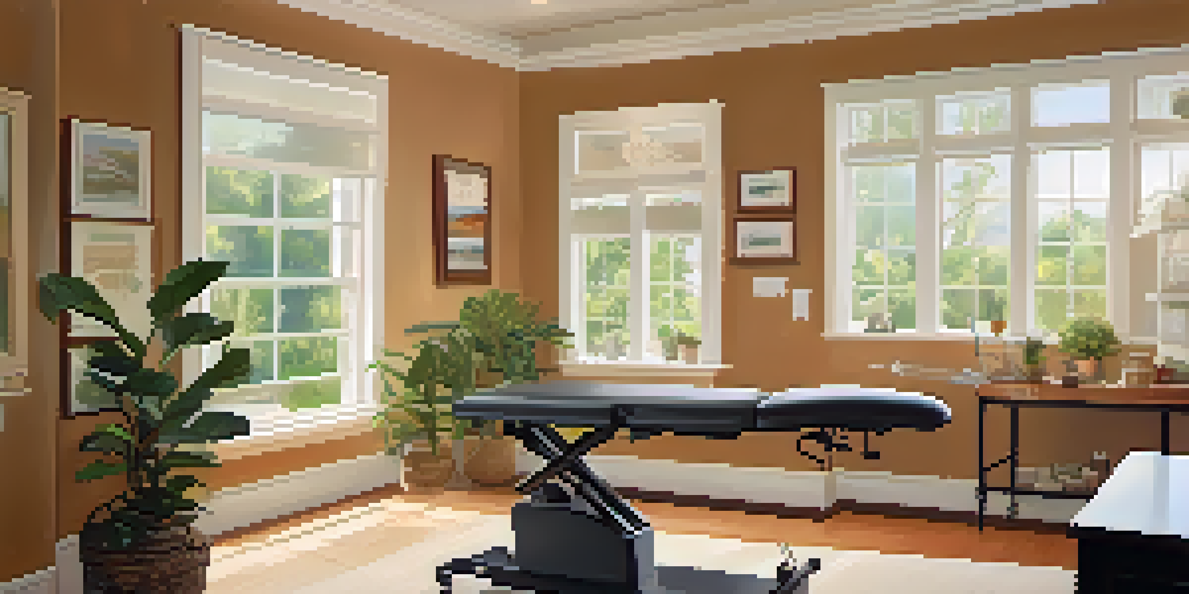 A chiropractor adjusting a patient's back in a calming clinic setting with nature-themed decor.