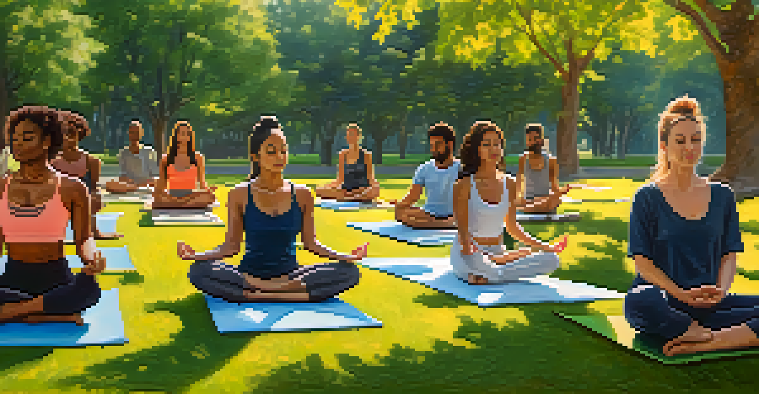 A diverse group of individuals practicing yoga in a peaceful park surrounded by greenery.