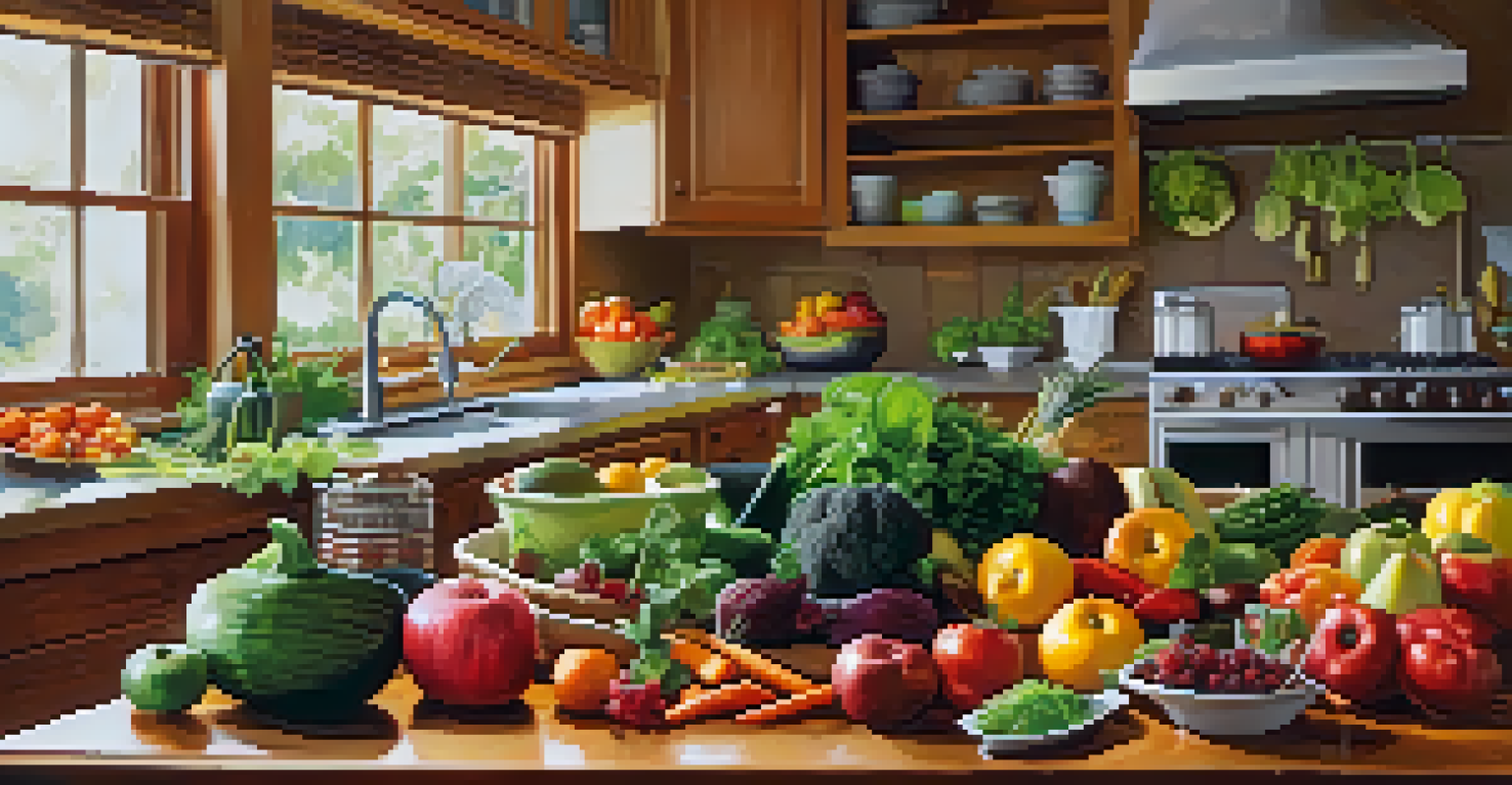 A vibrant kitchen with fresh fruits and vegetables being prepared for a healthy meal.