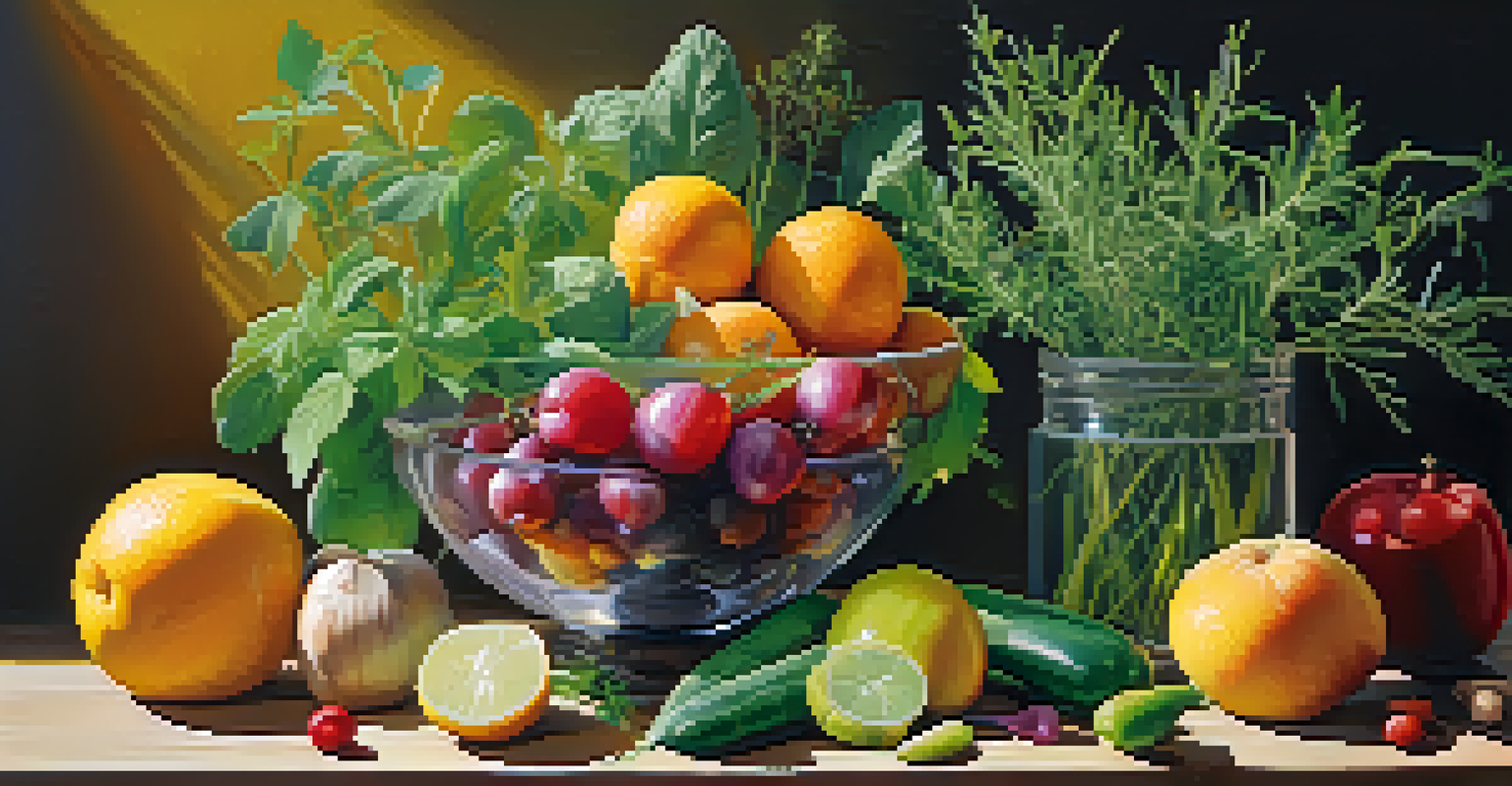 A colorful display of herbs, fruits, and vegetables on a wooden table, representing natural healing and wellness.