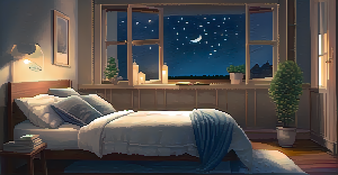 A serene bedroom with warm lighting, a cozy bed, and a starry night visible through the window, promoting a relaxing atmosphere for sleep.