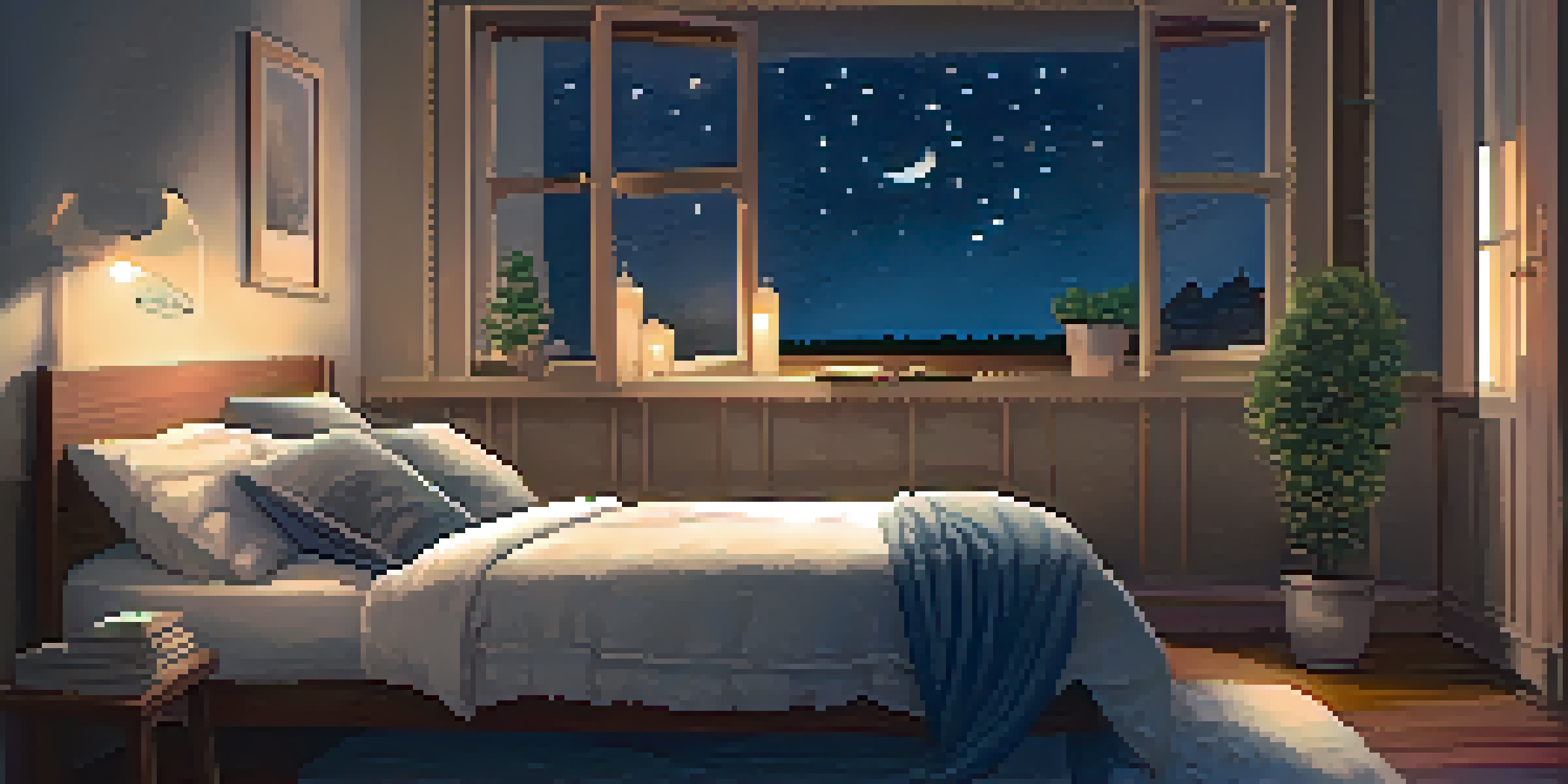 A serene bedroom with warm lighting, a cozy bed, and a starry night visible through the window, promoting a relaxing atmosphere for sleep.