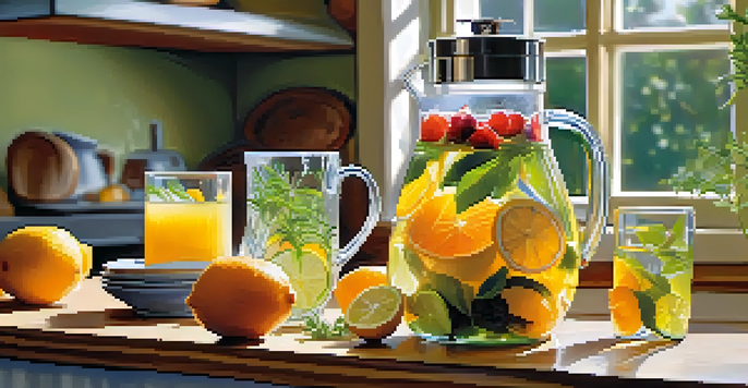 A glass pitcher with infused water and sliced fruits on a wooden kitchen countertop, illuminated by sunlight.