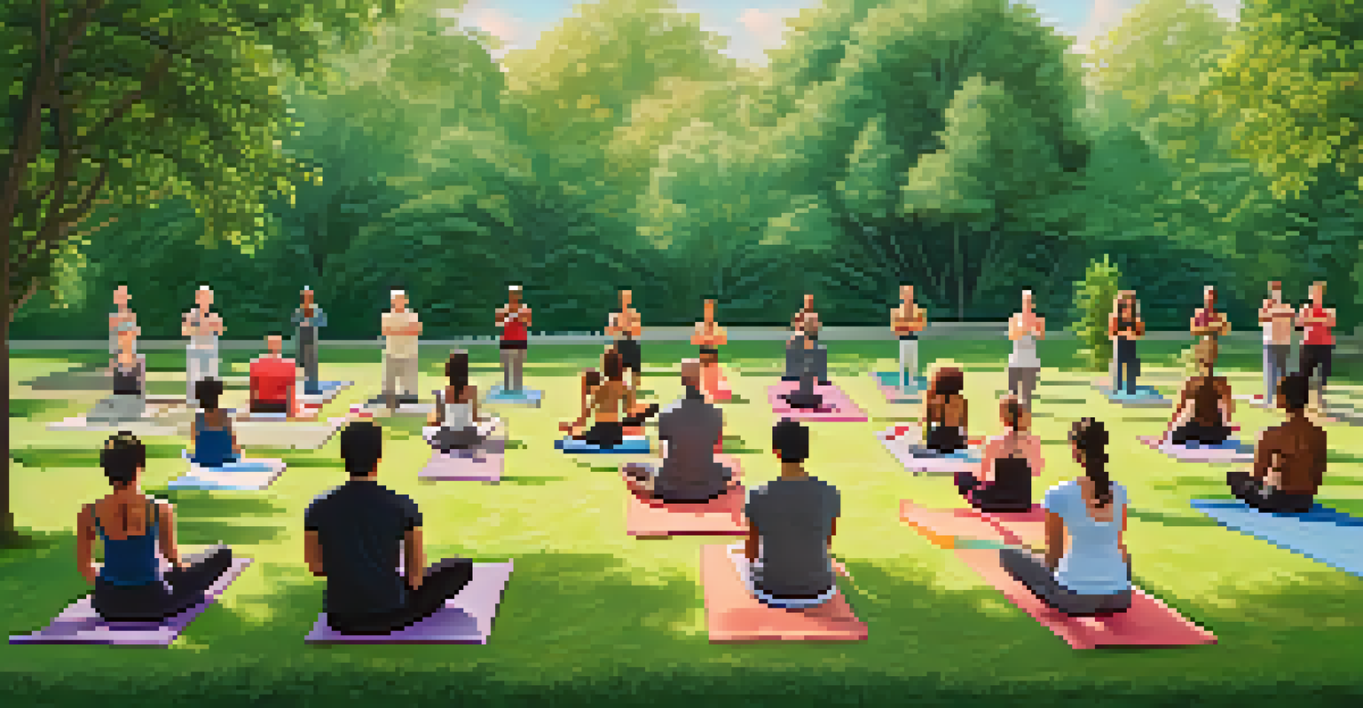 A group of diverse individuals practicing yoga in a green park, each in different poses, illustrating a holistic approach to health and wellness.