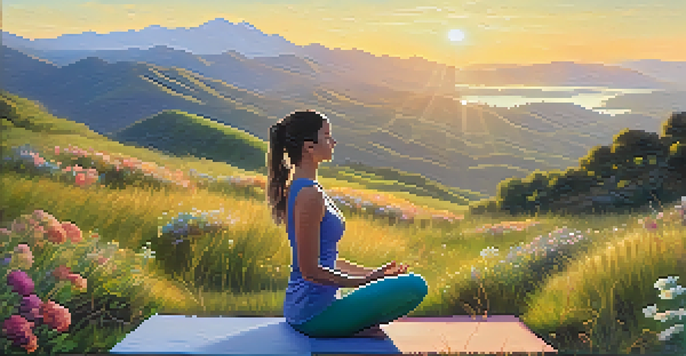 A person practicing yoga on a hillside during sunrise, surrounded by nature and wildflowers.