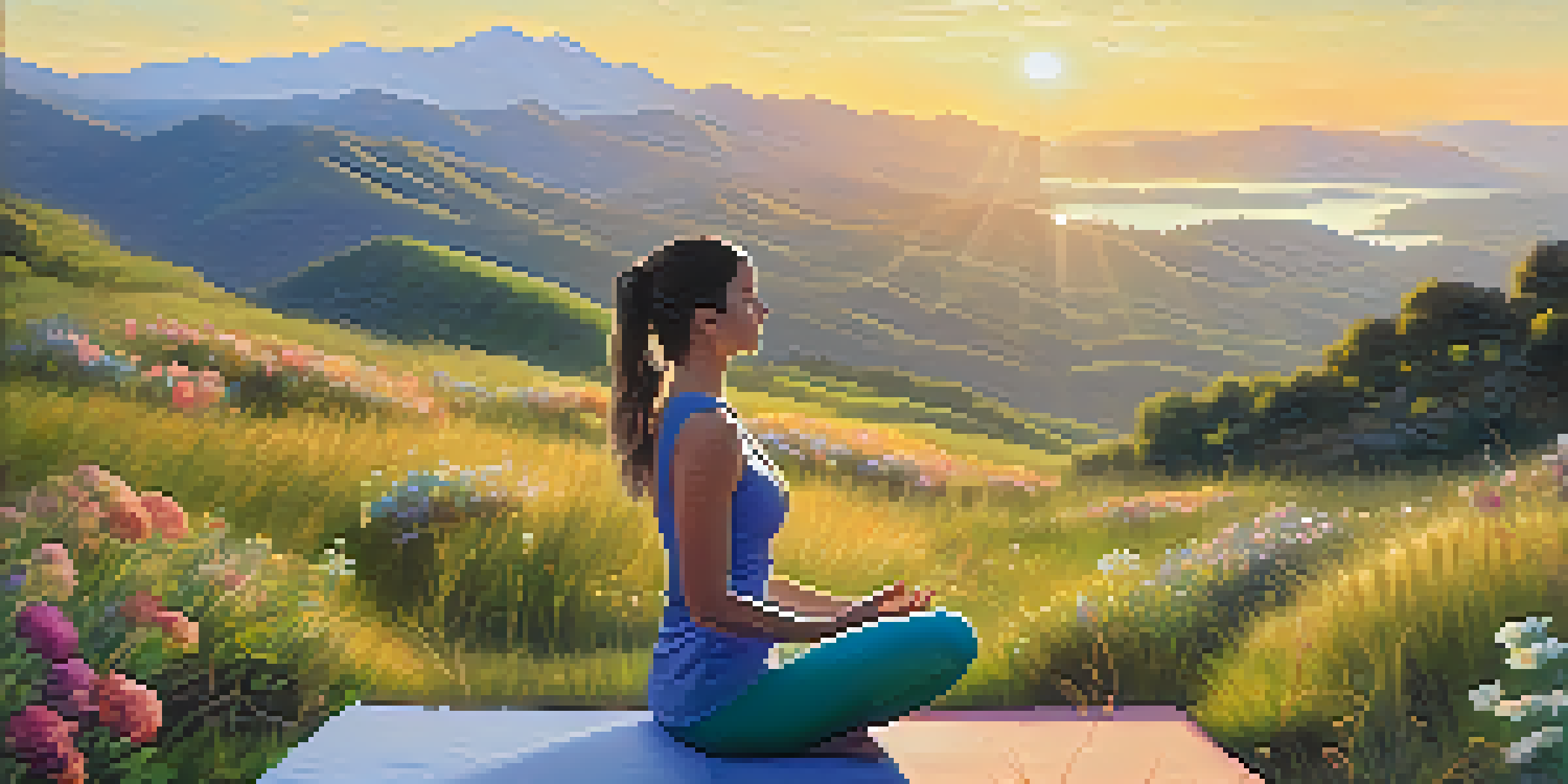 A person practicing yoga on a hillside during sunrise, surrounded by nature and wildflowers.