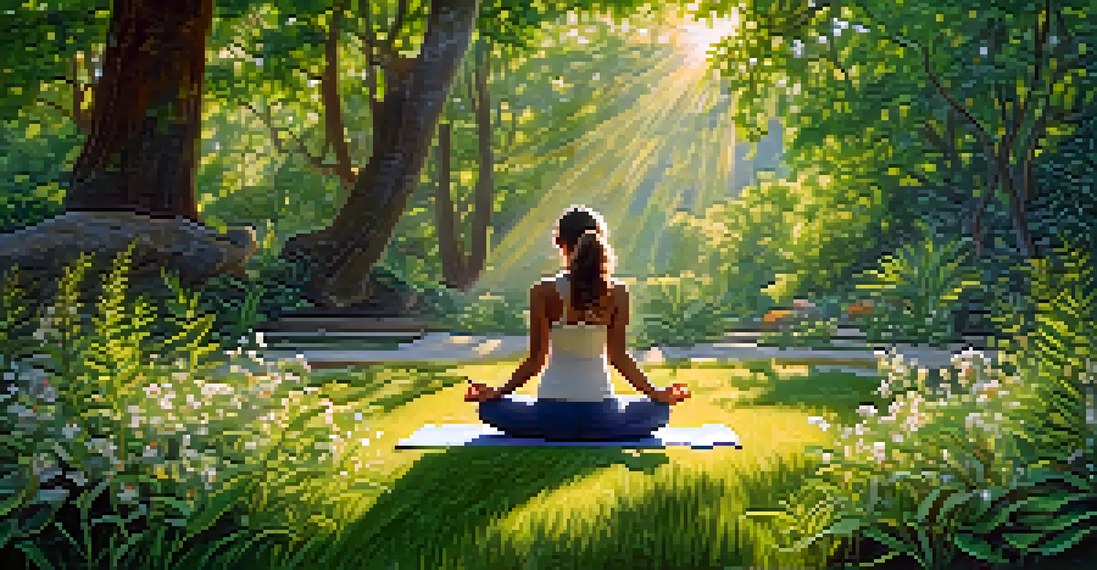 A person practicing yoga outdoors in nature, surrounded by greenery and flowers with sunlight filtering through the leaves.