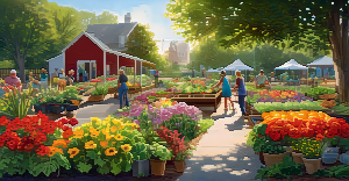 A community garden where diverse individuals are planting and watering plants under a soft sunlight, with vibrant flowers and vegetables all around.
