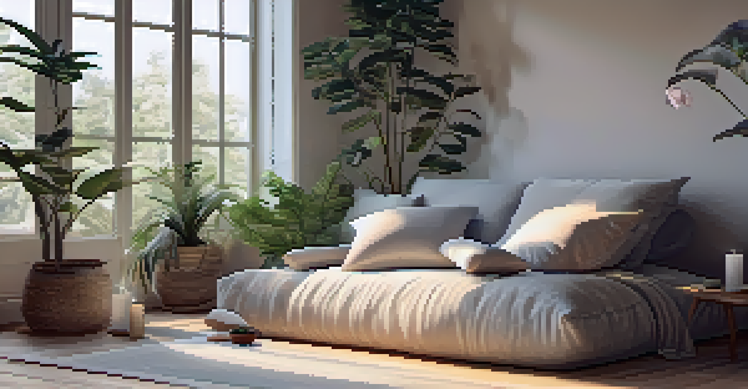 A peaceful meditation space with cushions, candles, and plants, illuminated by natural light.