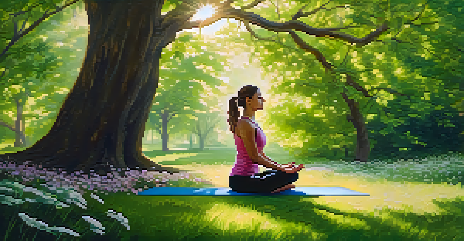 A person practicing yoga in a tranquil park surrounded by greenery and colorful flowers, with sunlight filtering through the trees.