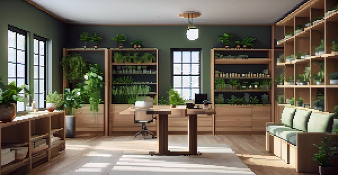 A calming naturopathic office environment with plants, natural light, and wooden furniture, emphasizing eco-friendliness.