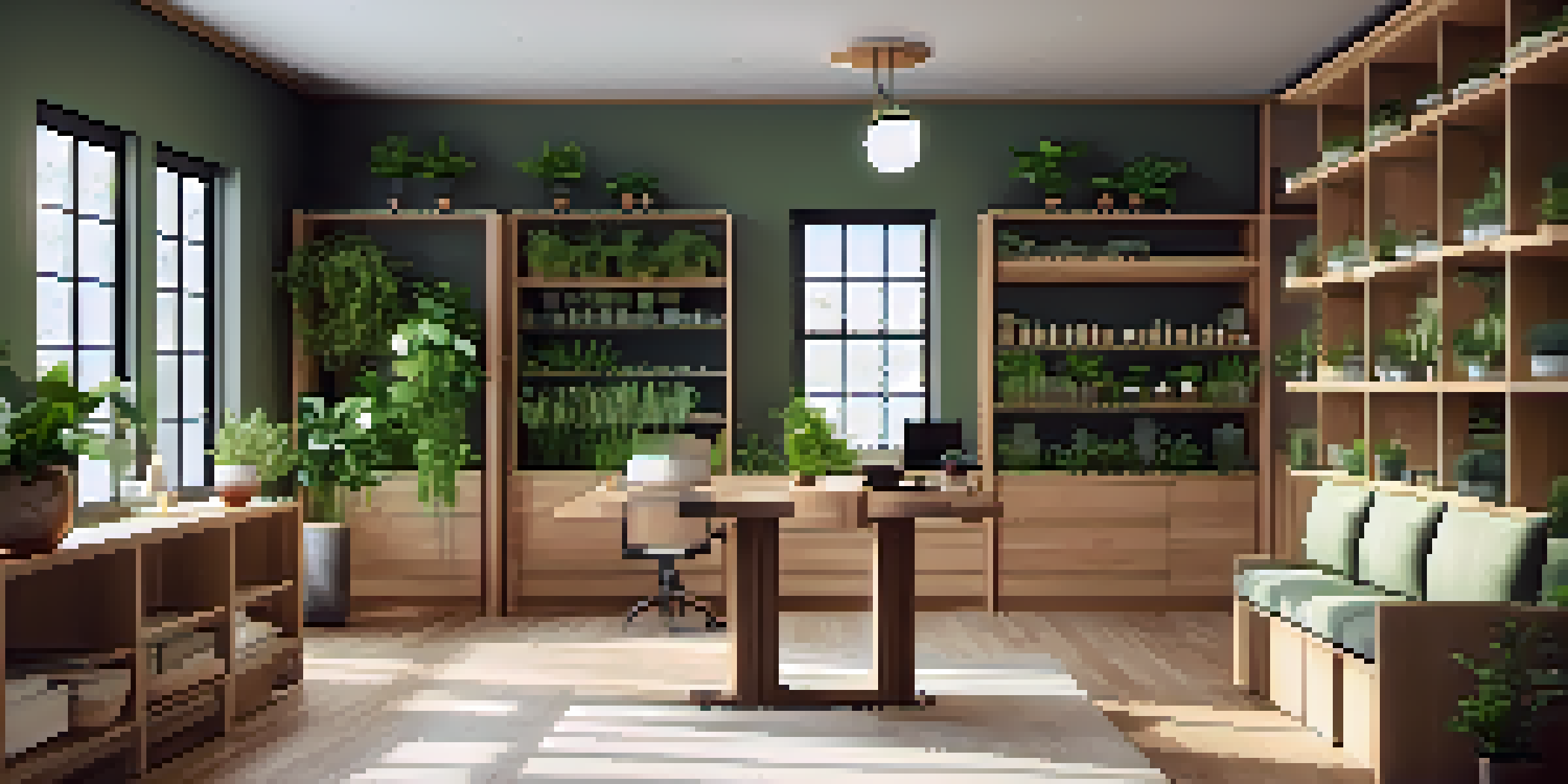 A calming naturopathic office environment with plants, natural light, and wooden furniture, emphasizing eco-friendliness.