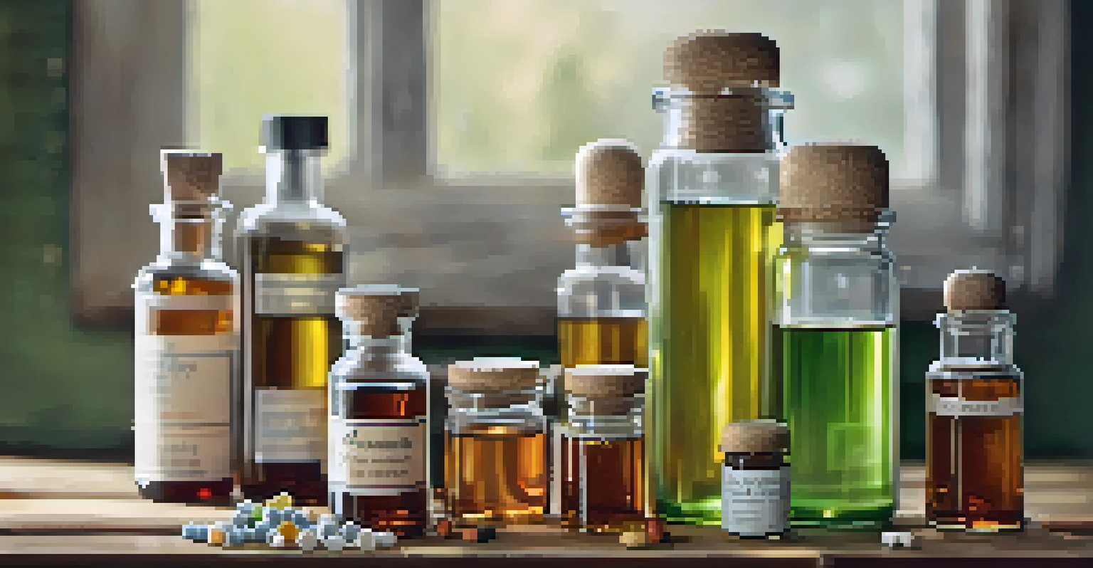A detailed close-up of various homeopathic remedies, showcasing pellets, tinctures, and tablets in a warm and inviting setting.