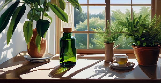 A cozy room with plants, a wooden table displaying tea tree oil and coconut oil, illuminated by soft sunlight.