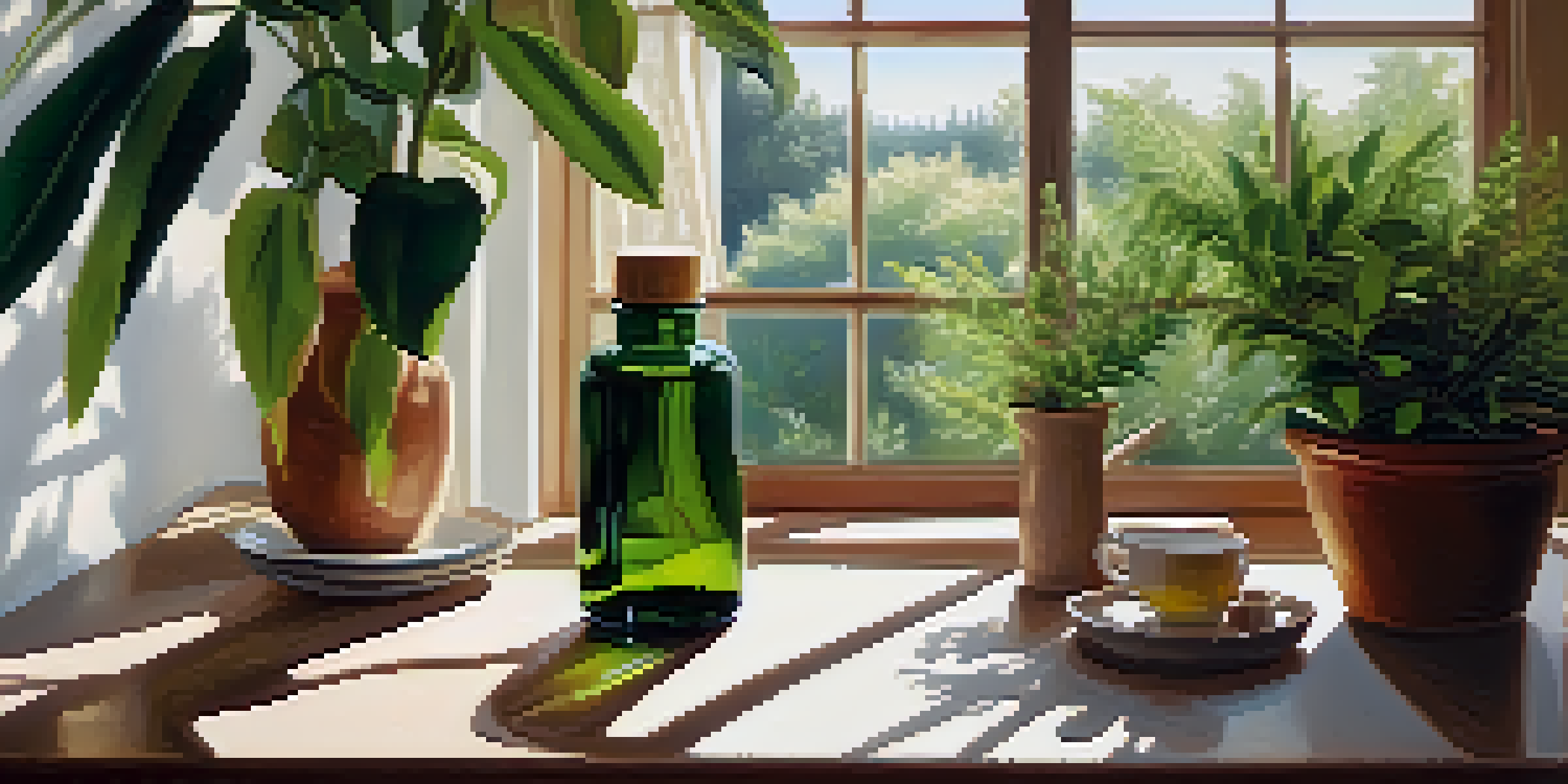 A cozy room with plants, a wooden table displaying tea tree oil and coconut oil, illuminated by soft sunlight.