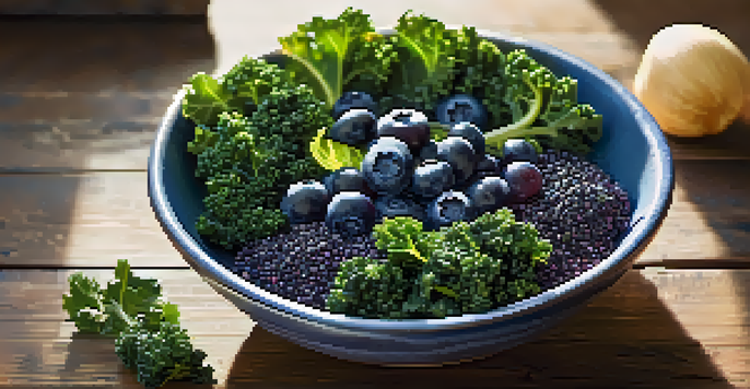 A bowl filled with kale, blueberries, and chia seeds on a wooden table, illuminated by sunlight.
