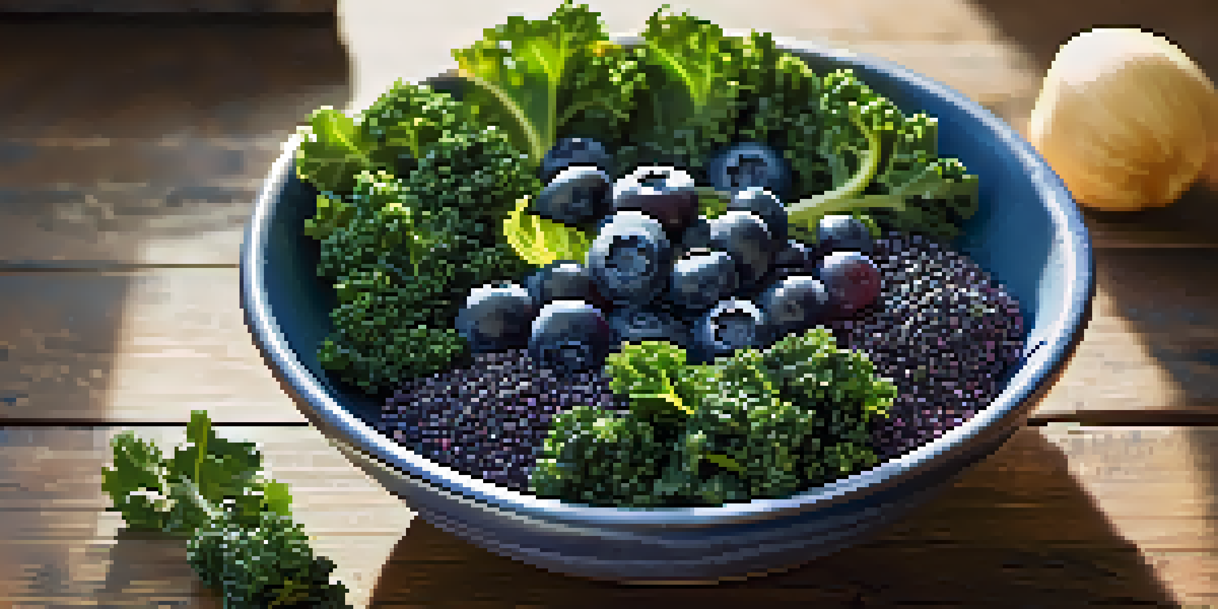 A bowl filled with kale, blueberries, and chia seeds on a wooden table, illuminated by sunlight.