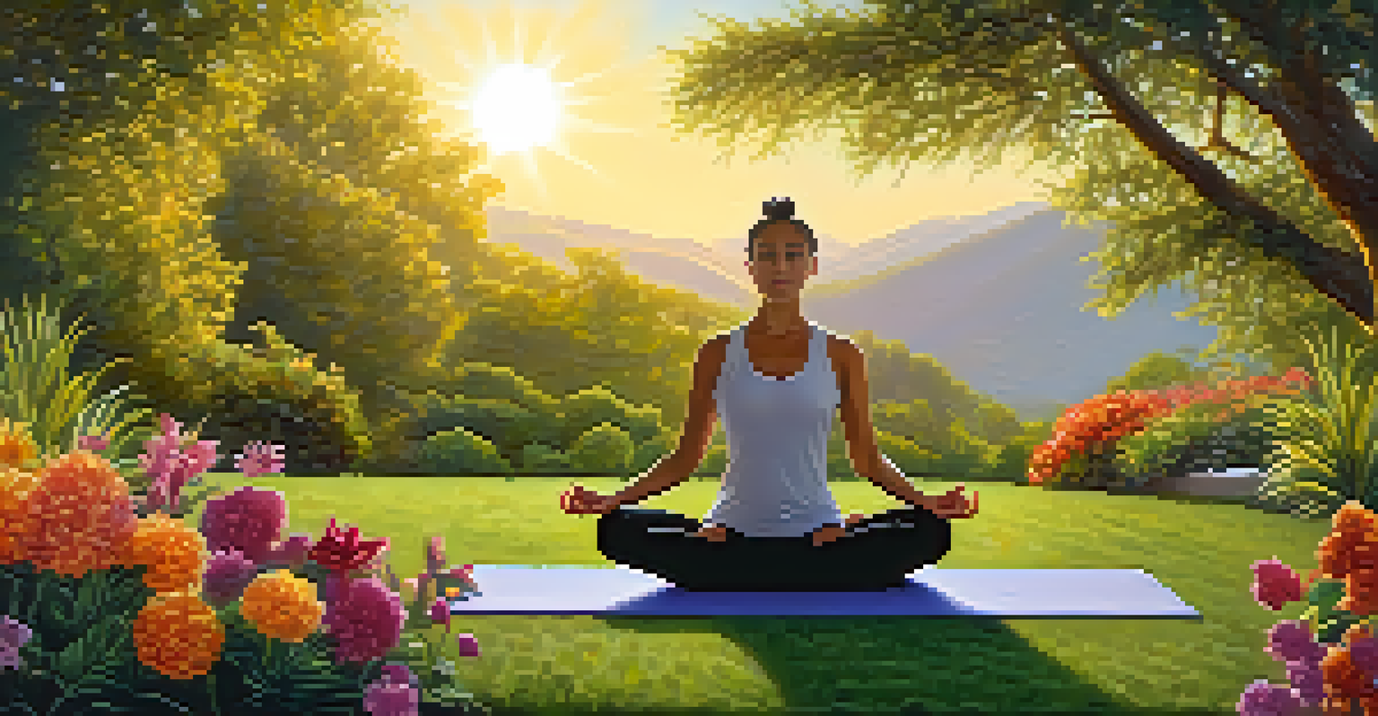 A person practicing yoga outdoors in a vibrant garden during sunset, surrounded by flowers and greenery.