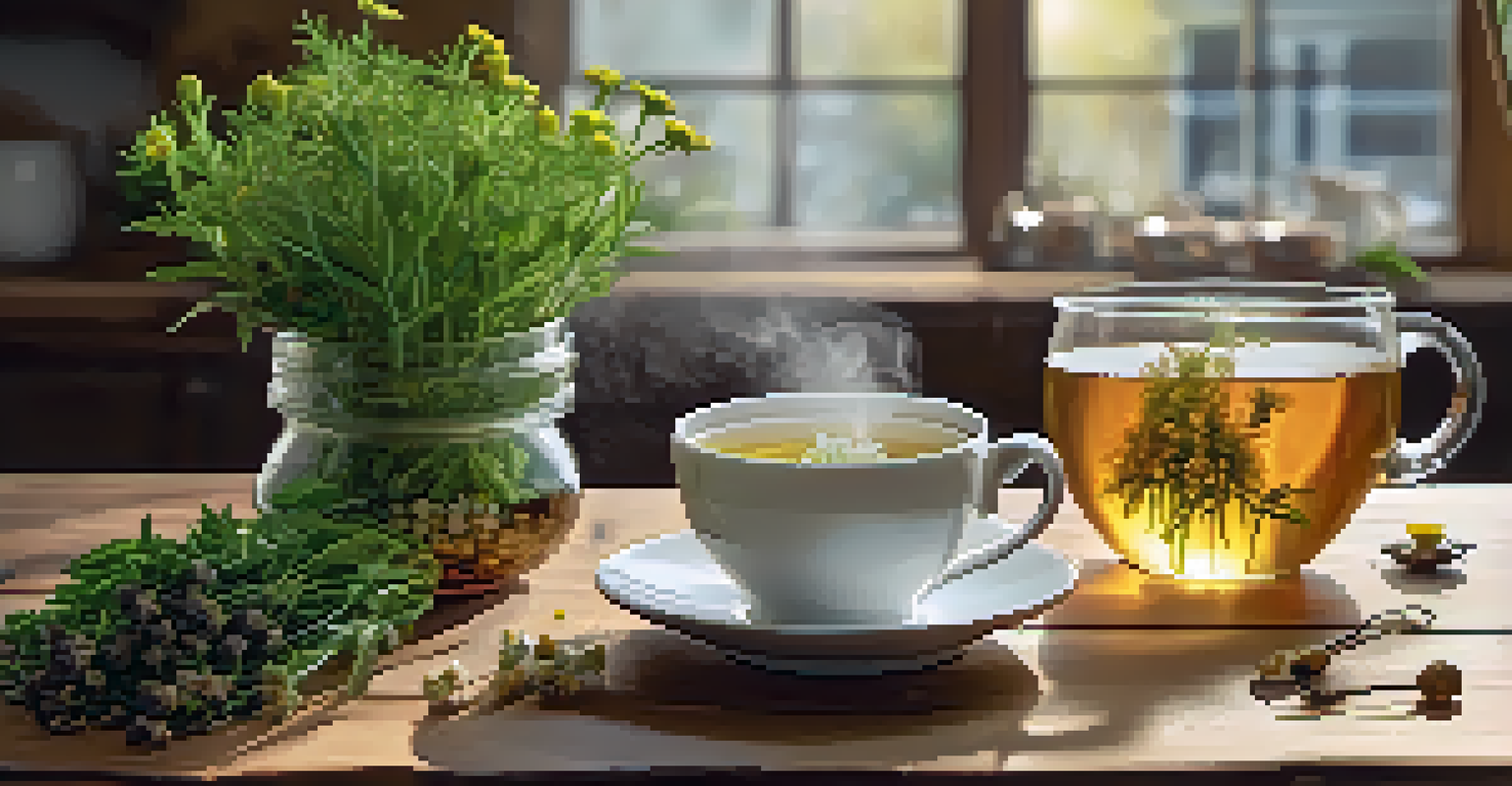 A cozy herbal tea setup featuring a steaming cup of tea, fresh herbs, and a warm kitchen background.