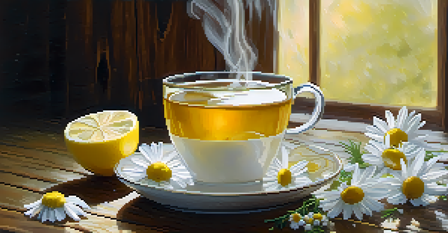 A close-up of a cup of chamomile tea with fresh chamomile flowers and lemon slices on a wooden table, illuminated by soft light.