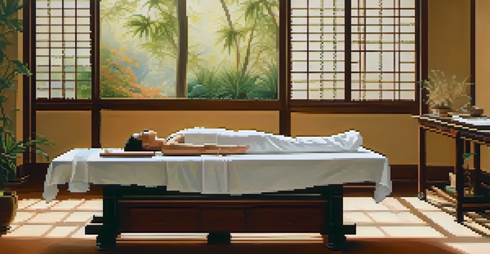 A tranquil acupuncture session where a patient is receiving treatment with fine needles in a softly lit environment, while a practitioner observes.