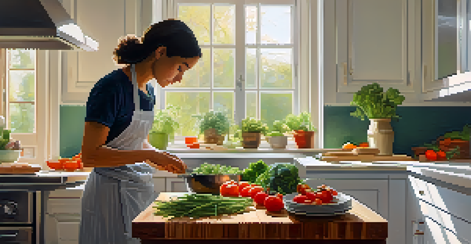 A person chopping vegetables in a cozy kitchen filled with fresh ingredients and natural light.