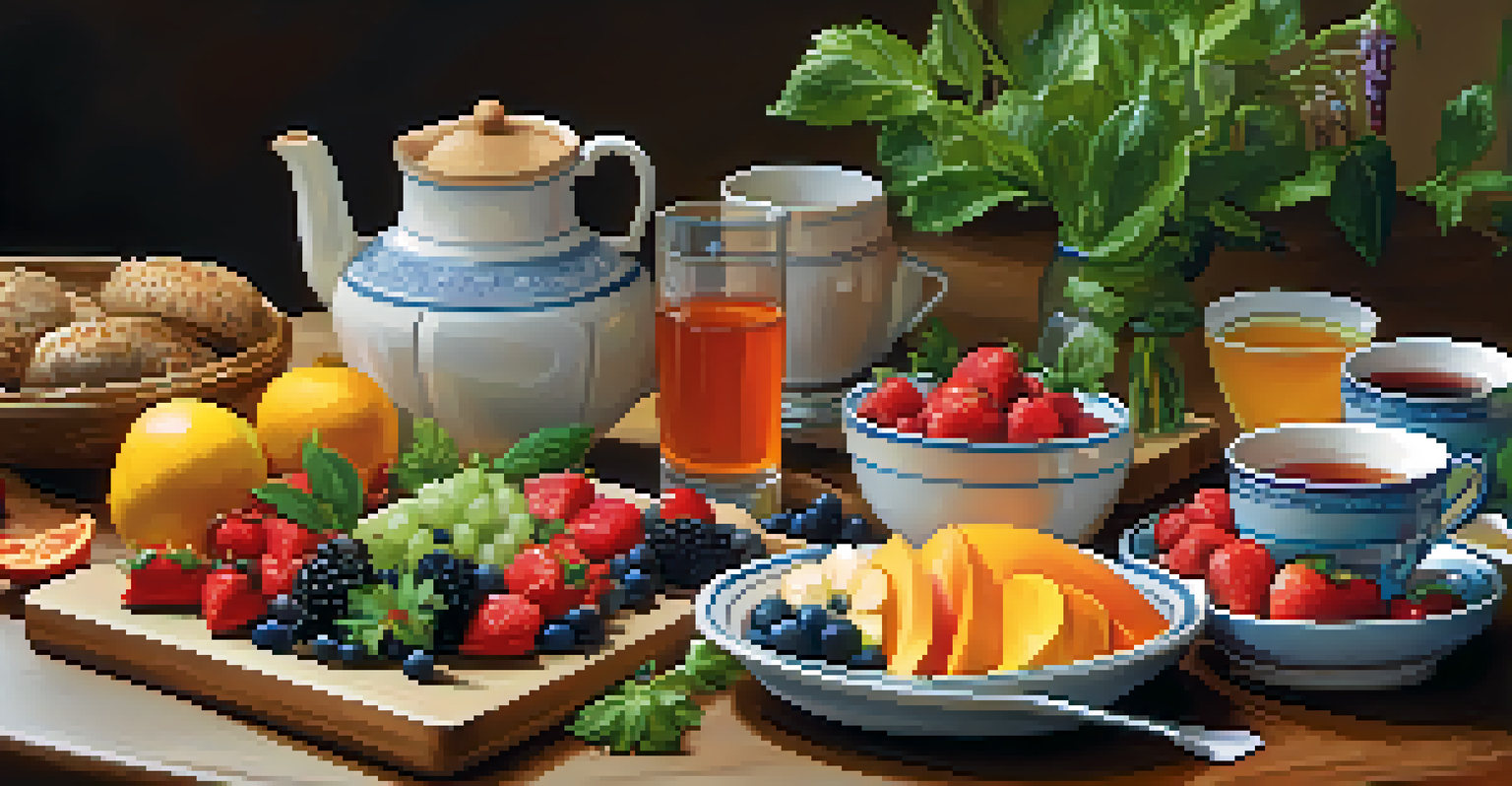 A table set with a variety of heart-healthy foods and herbal tea for mindful eating.