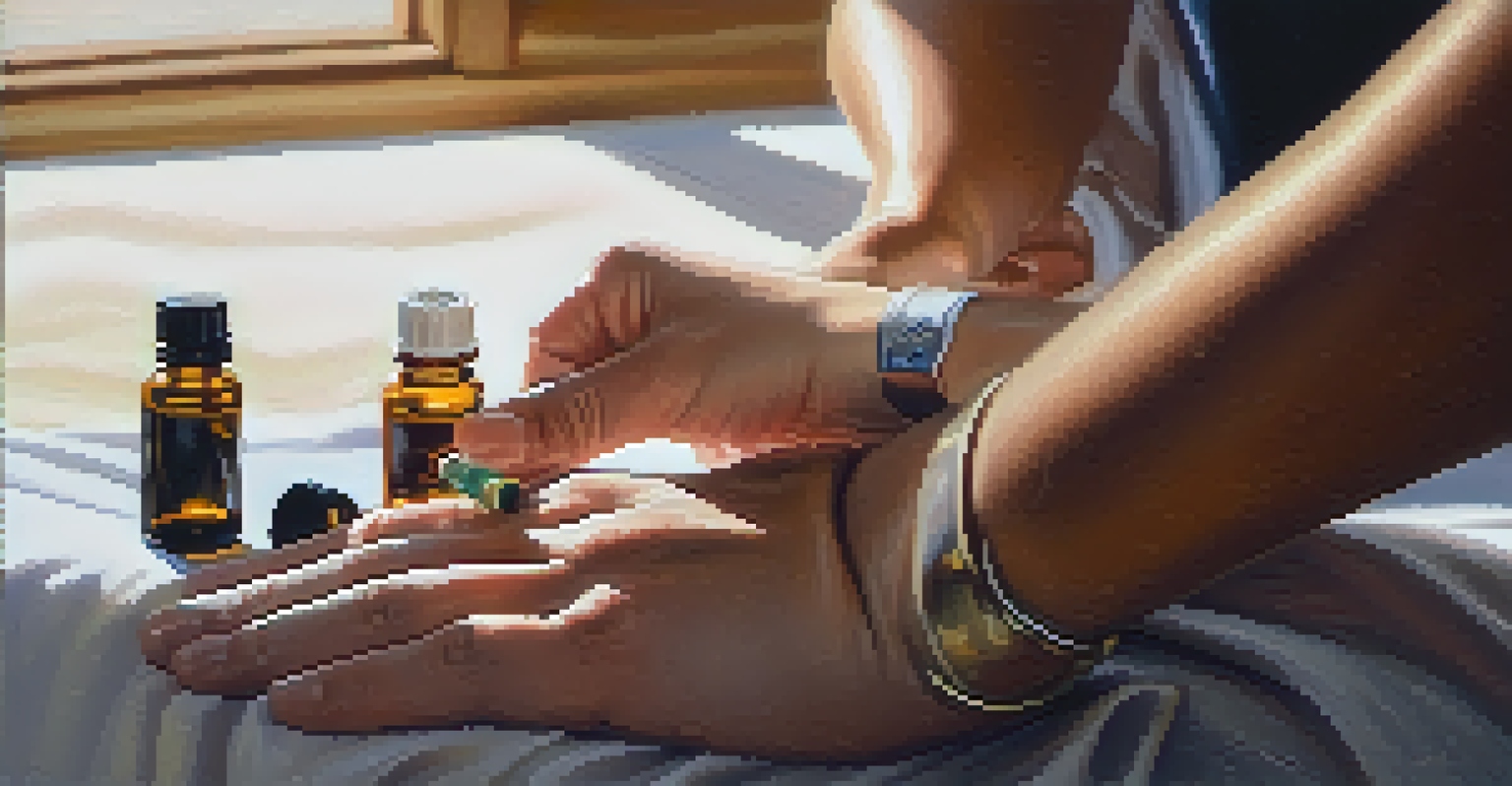 A close-up of a hand applying essential oils to the wrist, with soft lighting and a blurred background.
